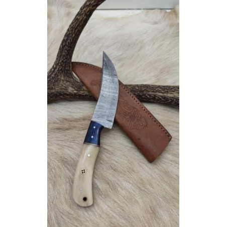 *** Couteau de chasse lame damas manche en os et mitre en bois de rose coloré ref 1004