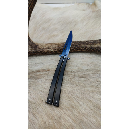 Couteau papillon noir lame bleu ref p13