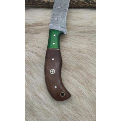 Couteau de chasse lame damas manche en bois de noyer et mitre en bois de rose coloré ref N12