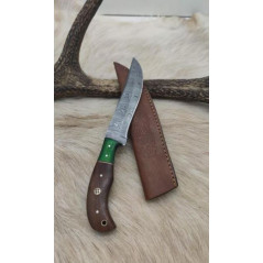 Couteau de chasse lame damas manche en bois de noyer et mitre en bois de rose coloré ref N12