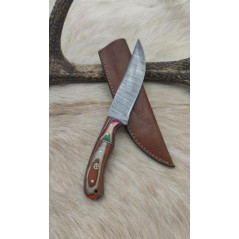 Couteau de chasse lame damas manche en bois de rose coloré et mitre en bois de rose coloré ref R12