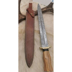 Belle dague lame damas 256Couches manche Bois d'olivier étui cuir 52cm lame 39cm FROST CUTLERY U