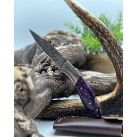 **COUTEAU PLIANT DAMAS 256 COUCHES MANCHE EN MICARTA AVEC ETUI REF CM2