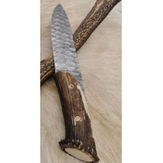 *Magnifique couteau Forgé Main lame acier damas silex GV10 256 Couches, Manche en BOIS DE CERF Arti