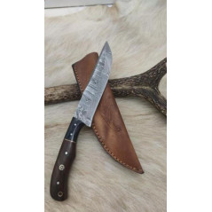 **** Couteau de chasse lame damas manche en bois de noyer et mitre en bois de rose coloré ref N18