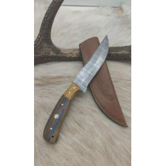 **Couteau de chasse lame damas manche en bois de rose et mitre en bois de rose coloré réf BR1004