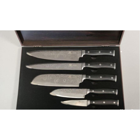 **Damascus, Parure de 5 couteaux de cuisine japonais lame en acier damas 128 couches Royal Swiss m