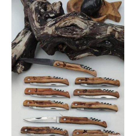 lot de 10 Couteaux POCHE COUTELDOC manche en olivier gravé thème chasse sanglier cerf TIRE BOUCHON t