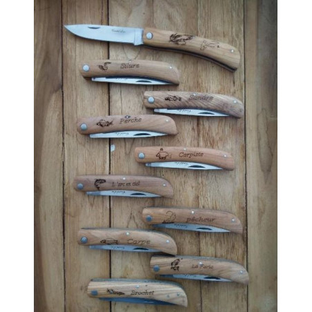 lot de 10 Couteaux POCHE COUTEL d OC manche bois d'olivier gravé théme pêche, truite brochet, ref6 x