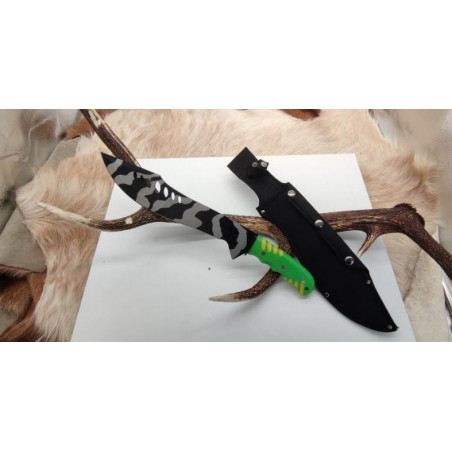 ***Machette de chasse manche vert, lame camouflage gris noir avec etui