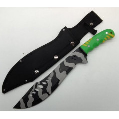 ***Machette de chasse manche vert, lame camouflage gris noir avec etui