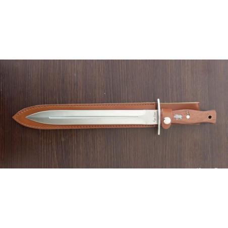 *dague de chasse lame 28cm en acier manche en bois de rose avec sanglier incrusté 40.5cm avec etui T
