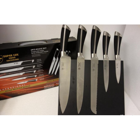 *SUPER LUX SWISS SET DE 5COUTEAUX DE CUISINE FULL METAL AVEC SUPPORT MAGNÉTIQUE EN BOIS x