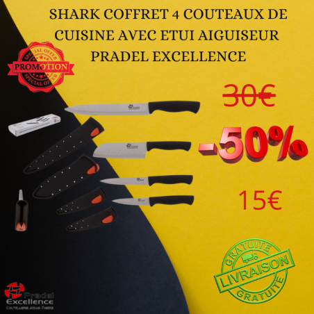 SHARK COFFRET 4 COUTEAUX DE CUISINE AVEC ETUI AIGUISEUR PRADEL EXCELLENCE THIERS FRANCE