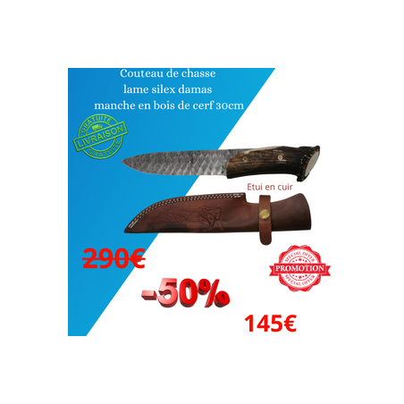Couteau de chasse lame silex damas manche en bois de cerf 30 cm
