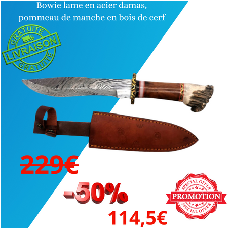 Bowie lame en acier damas, pommeau de manche en bois de cerf