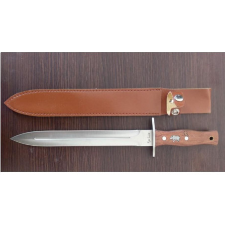 Dague de chasse lame 28cm enacier manche en bois de rose avec sanglier incrusté 40.5cm avecetui DM45 CM1