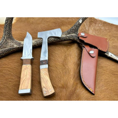 Set médiéval : couteau + hachette manche en bois d'olivier étui en cuir _h2 CM22