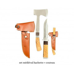Set médiéval : couteau + hachette manche en bois d'olivier étui en cuir _h2 CM22