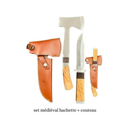 Set médiéval : couteau + hachette manche en bois d'olivier étui en cuir _h2 CM22