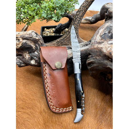 Couteau pliant lame damas 256 couches manche en corne de buffle avec etui 21cm _cp21 CM27