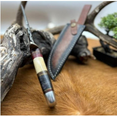 Couteau Bowie lame acier damas 256couches : pièce unique manche en os véritable artisanal ref b129 CM44