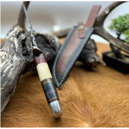 Couteau Bowie lame acier damas 256couches : pièce unique manche en os véritable artisanal ref b129 CM44