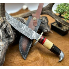 Couteau Bowie lame acier damas 256couches : pièce unique manche en os véritable artisanal ref b129 CM44