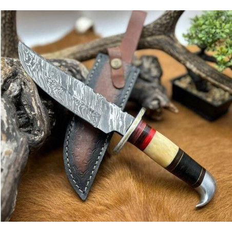 Couteau Bowie lame acier damas 256couches : pièce unique manche en os véritable artisanal ref b129 CM44