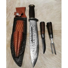 SET de couteau bowie de chasse lame de DAMAS avec couvert Etui Cuir RITE EDGE USA DM1 CM47