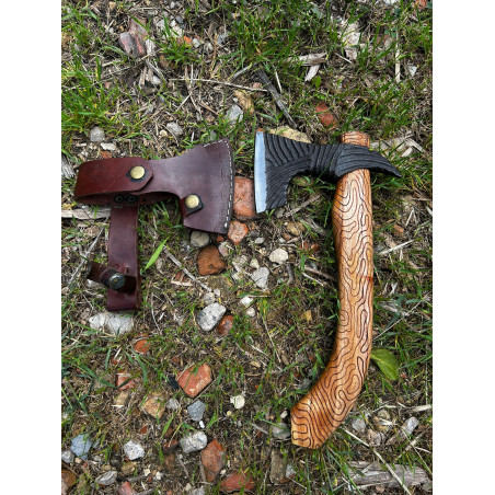 Magnifique hachette en acier brute de forge 1095C RITE EDGE USA VIKING AXE ETUI CUIR DMH36 x CM56