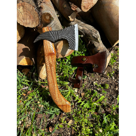 Magnifique hachette en acier brute de forge 1095C RITE EDGE USA VIKING AXE ETUI CUIR DMH36 x CM56