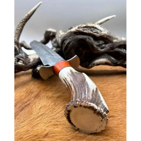 TRES JOLIE Bowie lame ACIER DAMAS VG10 256couches Manche en BOIS DE CERF VERITABLE ARTISANAL rouge _br1 CM74