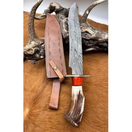 TRES JOLIE Bowie lame ACIER DAMAS VG10 256couches Manche en BOIS DE CERF VERITABLE ARTISANAL rouge _br1 CM74