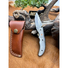 Magnifique couteau pliant tout en damas 256 couches lame + manche avec etui en cuir CM79