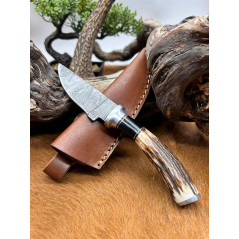 Mini couteau bowie de 18cm avec etui en cuir lame acier damas manche en bois de cerf _b18 CM82