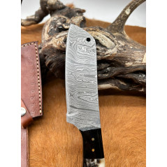 Magnifique Couperet lame damas 256Couches manche en corne de bélier avec extrémités en corne de buffle étui cuir co10 CM86