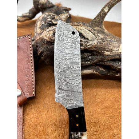 Magnifique Couperet lame damas 256Couches manche en corne de bélier avec extrémités en corne de buffle étui cuir co10 CM86