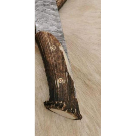 Magnifique couteau Forgé Main lame acier damas silex GV10 256 Couches, Manche en BOIS DE CERF Art CM88