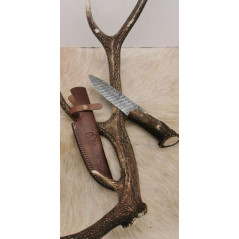 Magnifique couteau Forgé Main lame acier damas silex GV10 256 Couches, Manche en BOIS DE CERF Art CM88