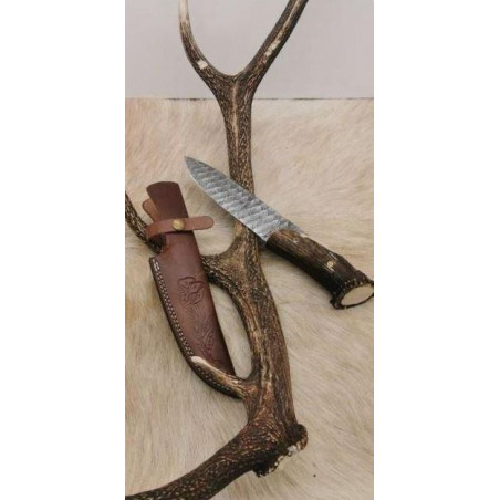 Magnifique couteau Forgé Main lame acier damas silex GV10 256 Couches, Manche en BOIS DE CERF Art CM88