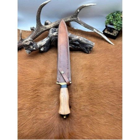 Belle dague lame damas 256Couches manche Bois d'olivier étui cuir 44cm lame 30cm FROST CUTLERY CM97