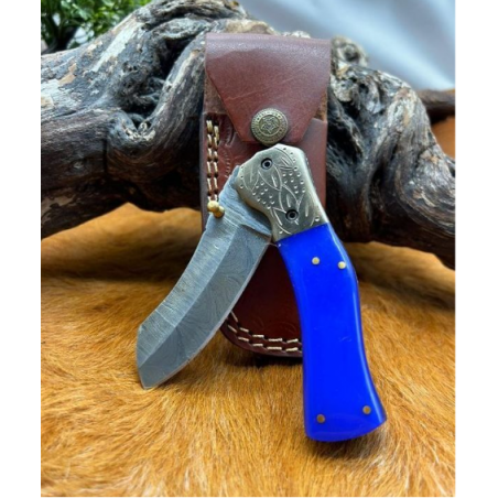 Couteau lame en acier Damas 256couches avec etui en cuire ref LD01