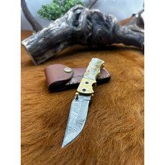 couteau pliant lame damas 256 couches avec un manche en Micarta pièce unique ref v15