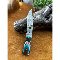Couteau pliant lame damas 256 couches avec un manche en Micarta pièce unique ref v2