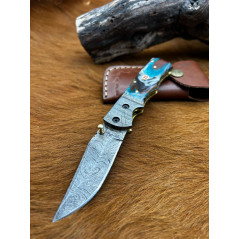 Couteau pliant lame damas 256 couches avec un manche en Micarta pièce unique ref v2