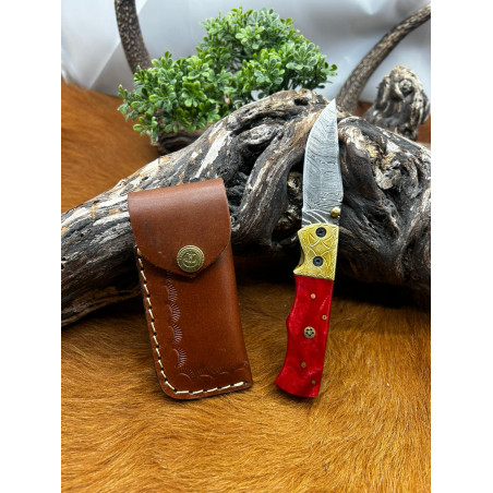 couteau pliant lame damas 256 couches avec un manche en Micarta pièce unique ref V30