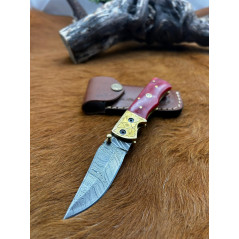couteau pliant lame damas 256 couches avec un manche en Micarta pièce unique ref V30