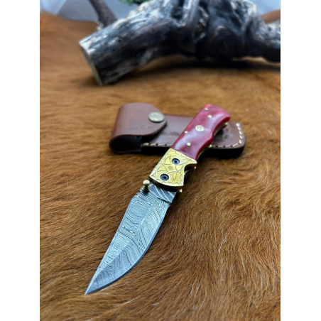 couteau pliant lame damas 256 couches avec un manche en Micarta pièce unique ref V30