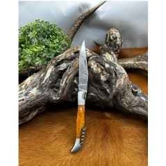 Couteau pliant lame damas 256 couches manche en bois avec etui en cuire ref L2222